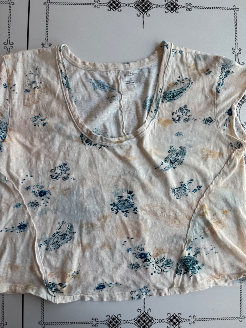 Pilcro Cream Scoop Neck Tee with Blue Floral Prints